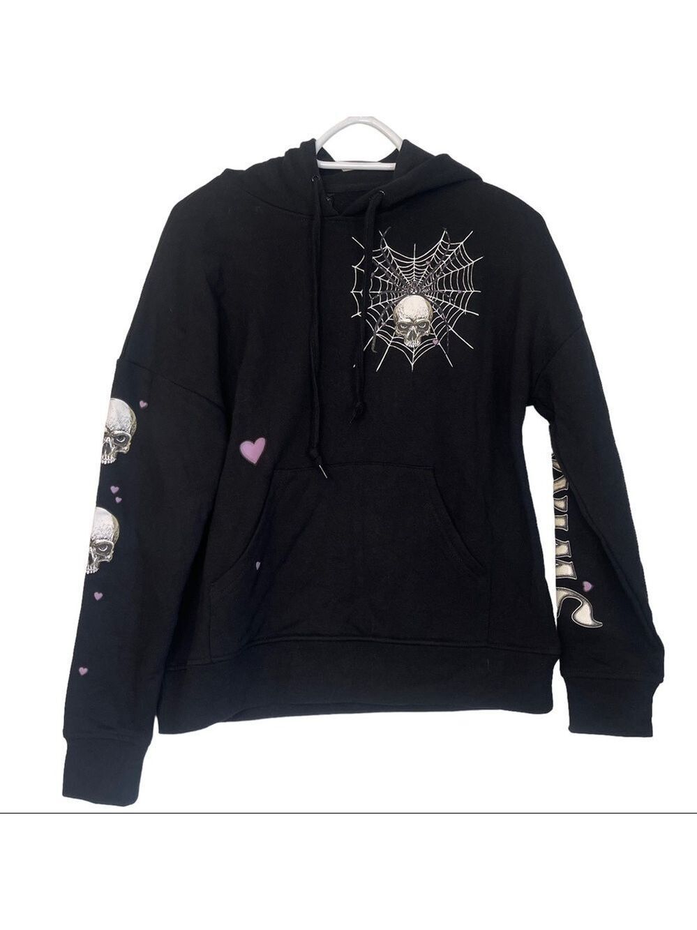 Skull Spiderwebs Hooded Kangaroo Pouch Black Pullover Sweatshirt Size XS